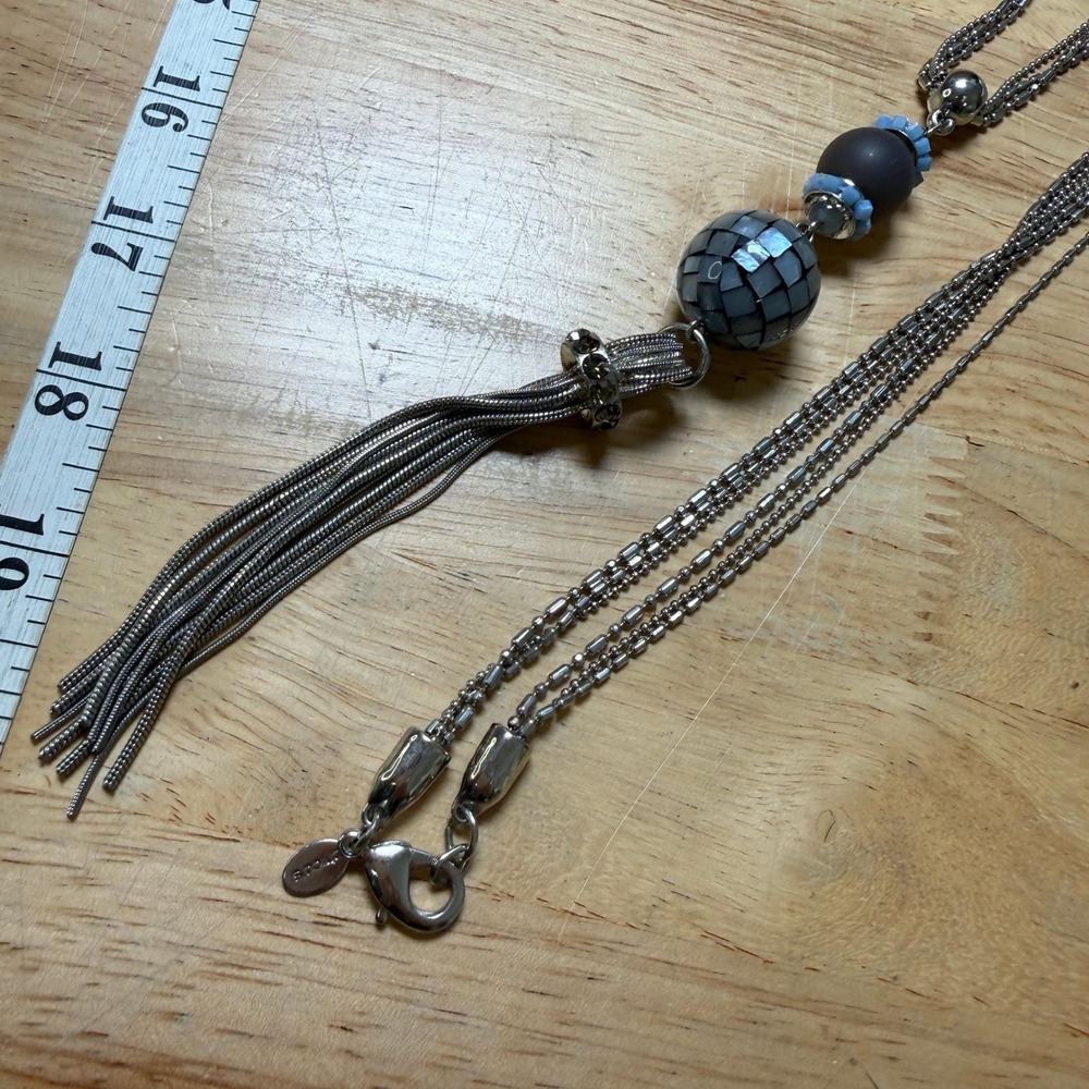 Chicos Silver Tone Mother of Pearl Tassel Necklace Boho Statement‎ Jewelry